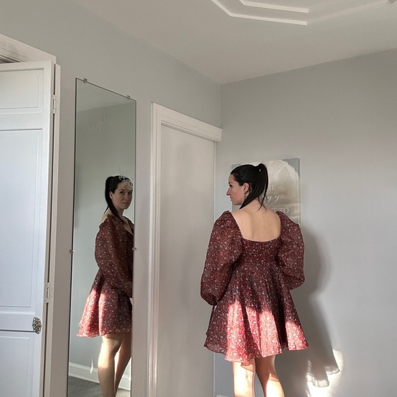 Selkie The Princess Mini Dress Long Puff Sleeves Crimson Floral Red Size Large - Picture 4 of 8